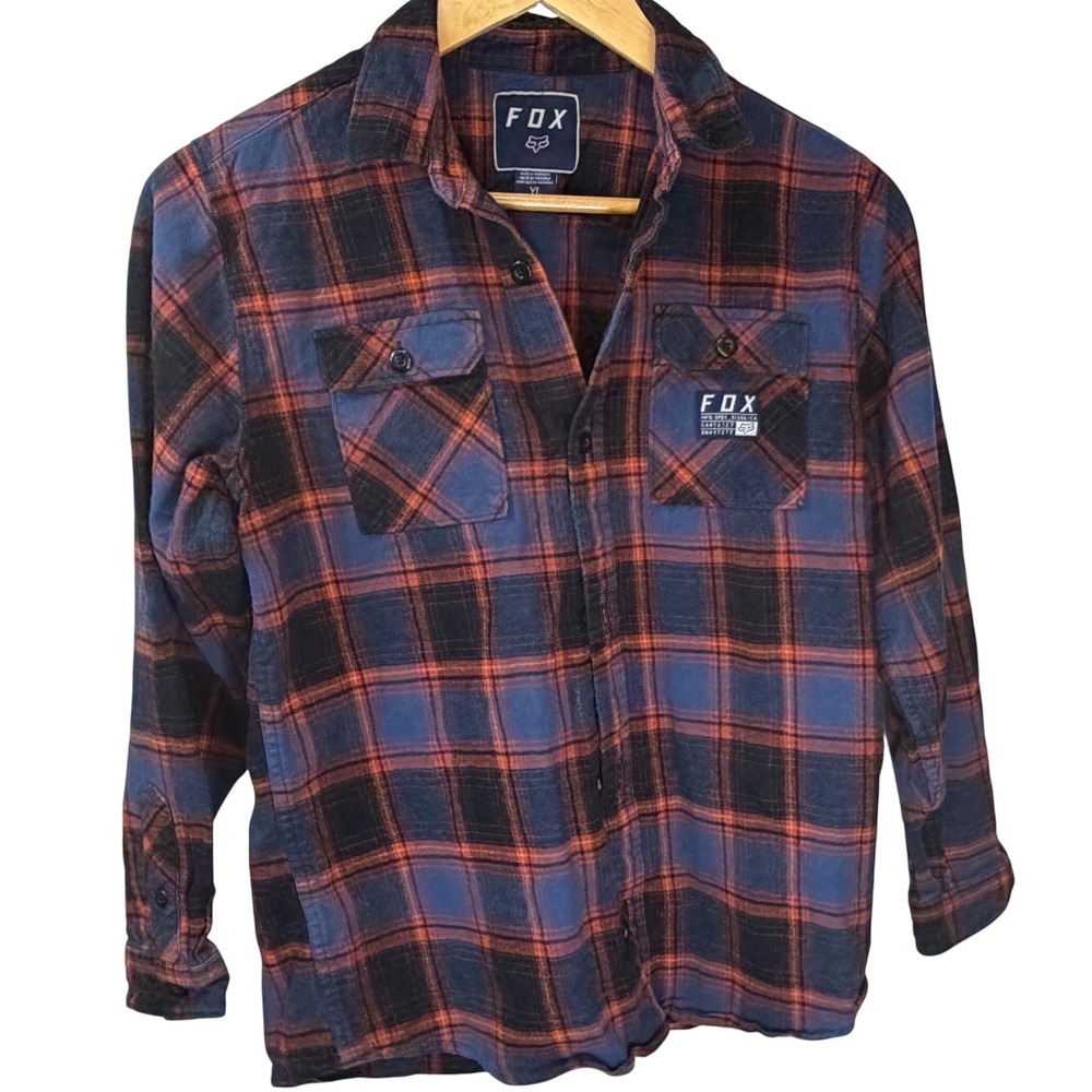 Fox Racing Youth Large YL Plaid Flannel Button Down Shirt Blue Orange Black 0050